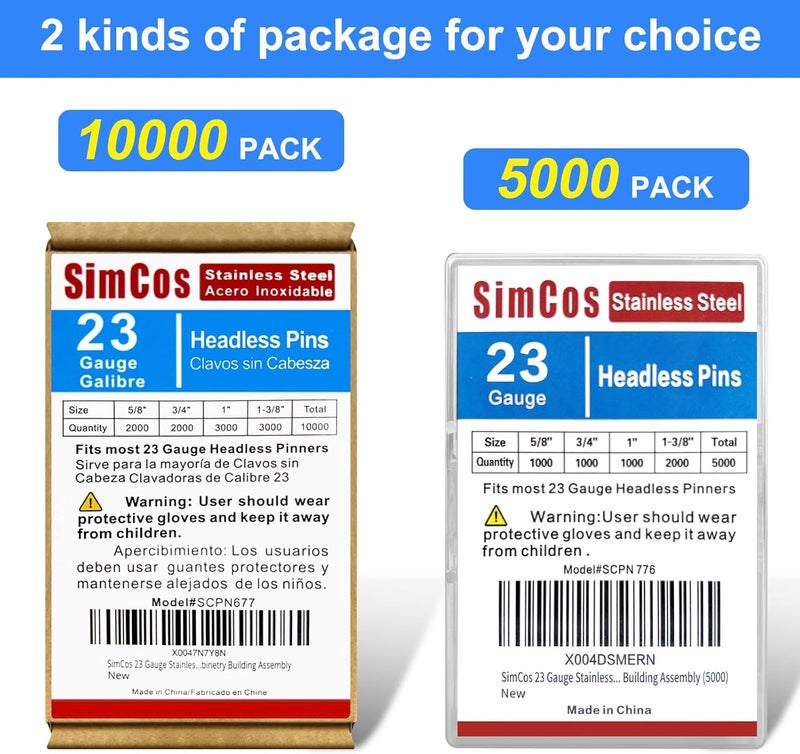 SimCos 23 Gauge Stainless Steel Pinner Nails (5/8",3/4",1",1-3/8") assorted 4 sizes' Headless Pin Nails for Molding Cabinetry Building Assembly (10000) - Image 3